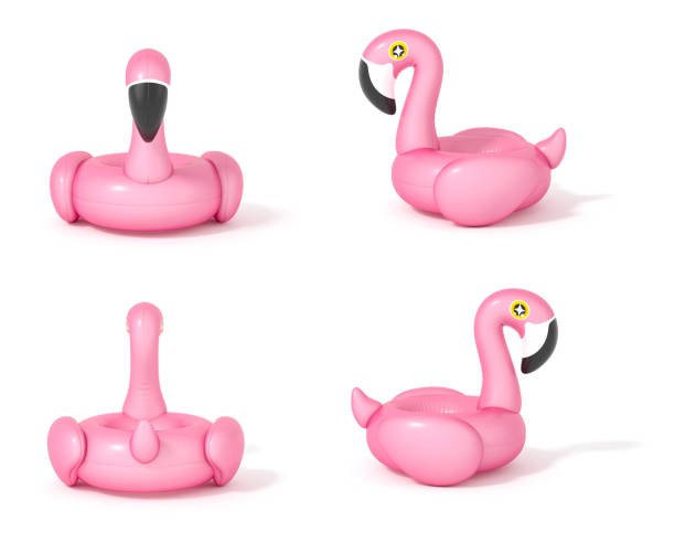 istock Pink Flamingo float, tropical bird shape inflatable swimming pool ring at different angles on white background 3d rendering. 3d illustration Summer minimal concept. Clipping path included. 1316620559