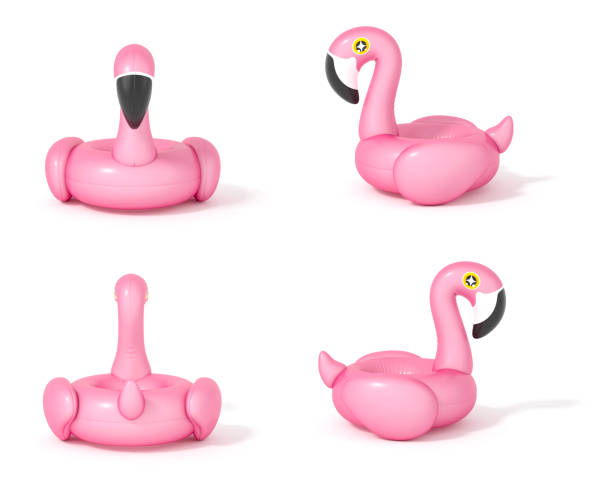pink flamingo float, tropical bird shape inflatable swimming pool ring at different angles on white background 3d rendering. 3d illustration summer minimal concept. clipping path included. - swimming pool party summer beach ball imagens e fotografias de stock