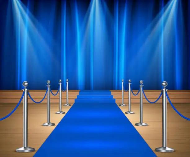 Vector illustration of Awards show background with blue curtains and blue carpet between rope barriers