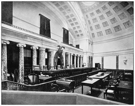 Antique black and white photograph of American landmarks: Supreme Court Room, Washington DC