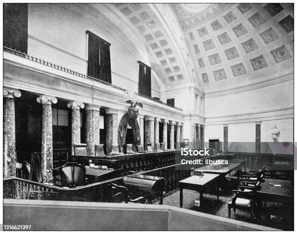 Antique Black And White Photograph Of American Landmarks Supreme Court Room Washington Dc Stock Illustration - Download Image Now