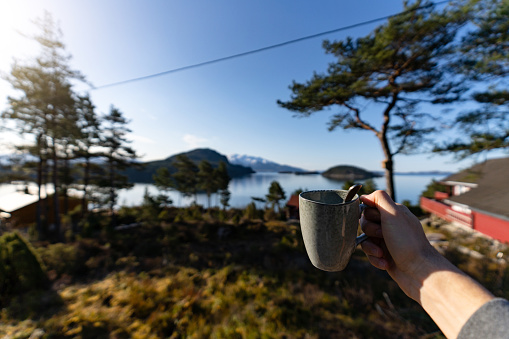 Having breakfast in a majestic resort during summer in Norway. Smart working after pandemic breakout