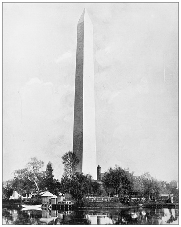 Antique black and white photograph of American landmarks: Washington monument, Washington DC