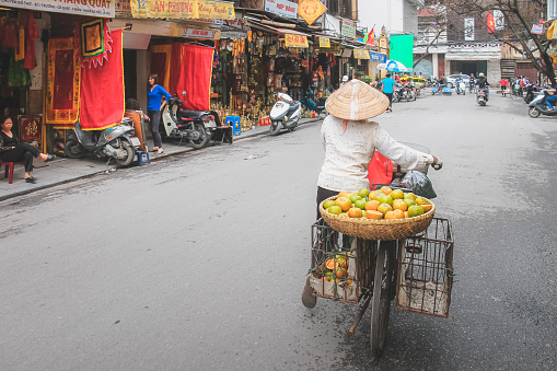 A local Vietnamese street vendor, in a traditional conical non la or flower hat sells fruit from the back of her bicycle on the city streets of Hanoi.