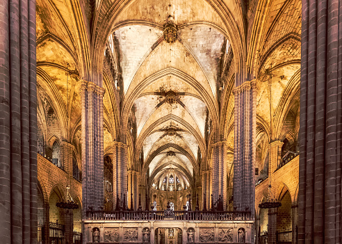 Inside a gothic Barcelona Cathedral. Catalonia Spain