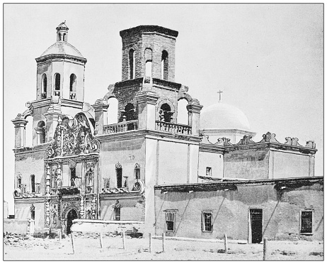 Antique black and white photograph of American landmarks: Mission San Xavier del Bac, Arizona