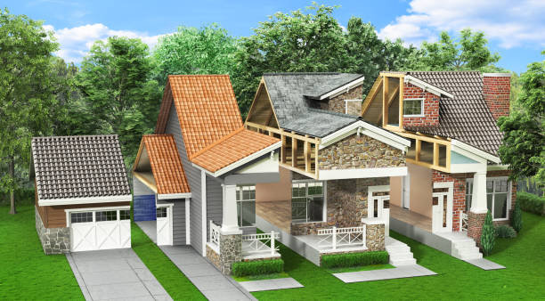 istock Sliced  house with different facade materials at the garden. 3d illustration 1316628004