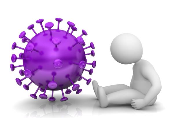 Coronavirus Covid-19 sign purple virus symbol sick infected worried broken stick figure person sitting sad on the ground 3d rendering graphic illustration Coronavirus Covid-19 sign purple virus symbol sick infected worried broken stick figure person sitting sad on the ground 3d rendering graphic illustration long covid stock pictures, royalty-free photos & images