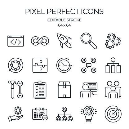 DevOps related editable stroke outline icons set isolated on white background flat vector illustration. Software systems development lifecycle. Pixel perfect. 64 x 64.