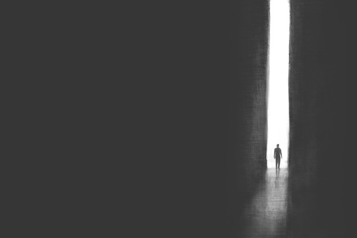 illustration of man getting out of darkness through a light door, surreal concept black and white