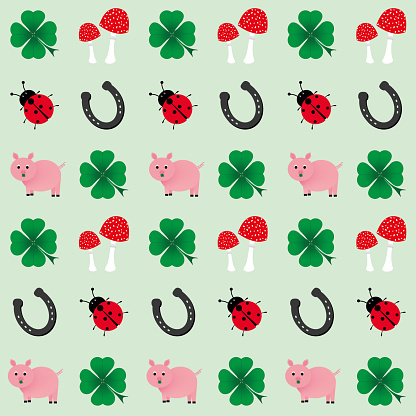 background of symbols of luck: pig, clover, horseshoe ladybird and fly agaric