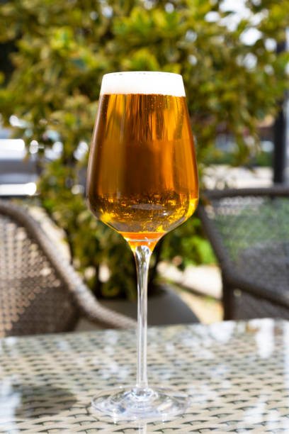istock beer in a glass glass, which is intended for wine. The concept - it does not matter from which dishes to drink alcohol. Outdoor cafe in summer, soft drinks, beer, outdoor recreation, bar menu, alcoholic beverages, cafe menu 1316632198