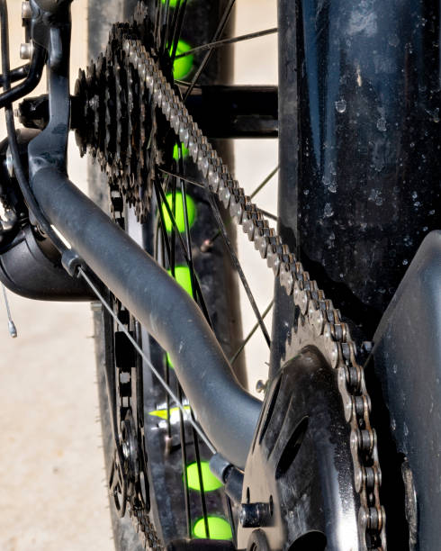 istock Metal bike chain macro close up on a black bicycle 1316632676