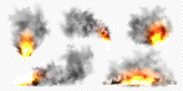 realistyczne czarne chmury dymu i ogień. wybuch płomienia, eksplozja. strumień dymu z płonących przedmiotów. pożary lasów. efekt przezroczystej mgły. element projektu wektorowego - wildfire smoke stock illustrations