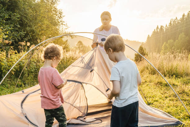 istock Young woman putting up a tent, summer. 1316633864