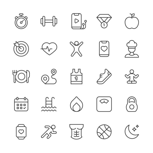 Fitness & Workout Line Icons. Editable Stroke. Pixel Perfect. For Mobile and Web. Contains such icons as Abs, Body, Cooking, Diet, Exercising, Gym, Healthy Lifestyle, Meditation, Running, Sport, Sportswear, Swimming, Trophy, Wellness, Workout, Yoga 25 Fitness & Workout Outline Icons. Abs, Apple, Basketball, Beach, Bike, Body, Boxing, Calendar, Chef, Clipboard, Cocktail, Cooking, Cycling, Diet, Dumbbell, Exercising, Fast Food, Fitness, Food, Fruit, Goal, Gym, Hamburger, Healthcare and Medicine, Healthy Lifestyle, Heartbeat, Hiking, Kitchen, Meal Plan, Meditation, Mobile App, Mountain, Muscle, Music, Outdoors, Park, Plate, Running, Running Shoes, Shoes, Sleep, Soundtrack, Sport, Sportswear, Stationary Bike, Strength, Success, Summer, Supplements, Swimming, Swimming Pool, Target, Timer, Trekking, Trophy, Vitamin, Walking, Water, Wellness, Winning, Workout, Yoga weight class stock illustrations
