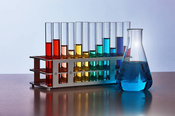 Set of flat-bottomed flasks with color liquid