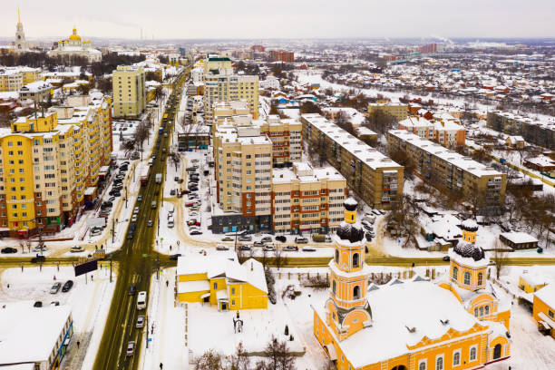 istock View from drone of snow covered Penza cityscape with Intercession Cathedral 1316640398