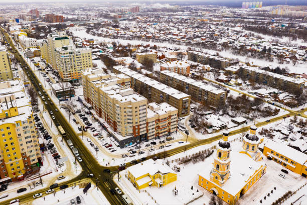 istock View from drone of snow covered Penza cityscape with Intercession Cathedral 1316640406