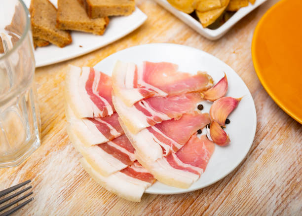 istock Slices of fresh sliced bacon on a plate 1316643384