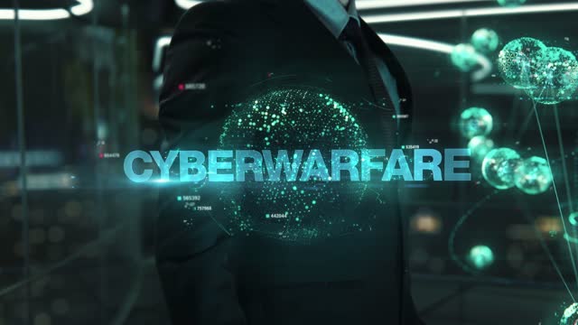 Businessman with Cyberwarfare hologram concept