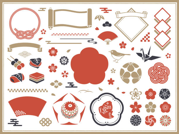 ilustraciones, imágenes clip art, dibujos animados e iconos de stock de decoraciones, marcos e iconos japoneses - japan