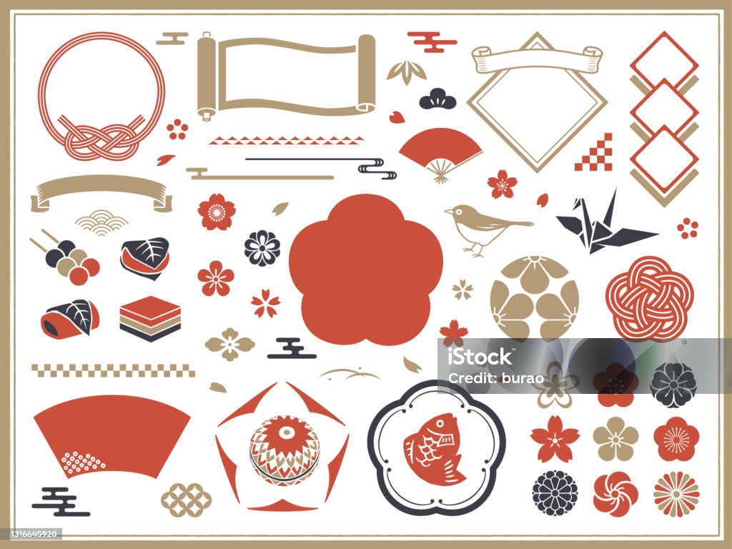 日本裝飾，框架和圖示 - 免版稅日本文化圖庫向量圖形
