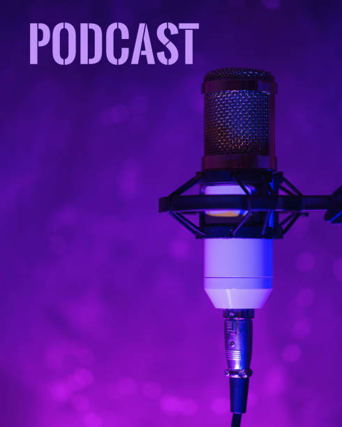 istock Microphone on neon background, podcast banner concept 1316646033