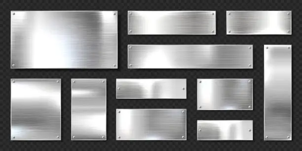 Vector illustration of Realistic shiny metal banners set. Brushed steel plate with screws. Polished silver metal surface. Vector illustration