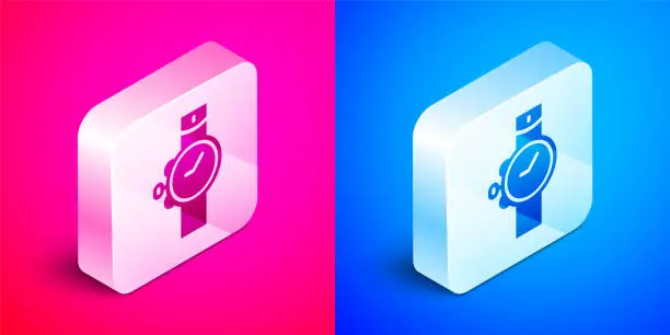 Vector illustration of Isometric Wrist watch icon isolated on pink and blue background. Wristwatch icon. Silver square button. Vector