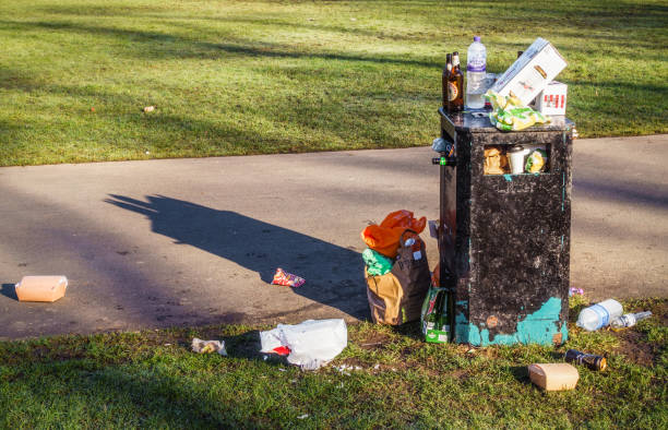 Overflowing bin in public park A park bin in Glasgow, Scotland, overflowing with various empty beer bottles and cans and other litter. overflowing dumpster stock pictures, royalty-free photos & images