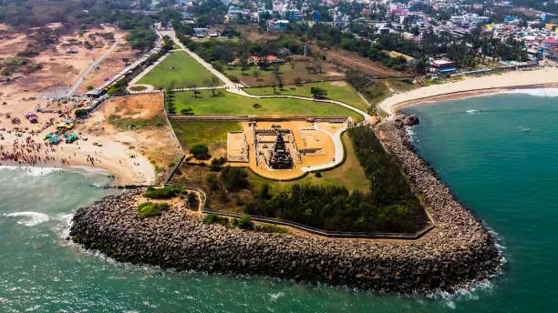Arial view of Shore Temple of Mahabalipuram. The Shore Temple is so named because it overlooks the shore of the Bay of Bengal. It is located near Chennai in Tamil Nadu.