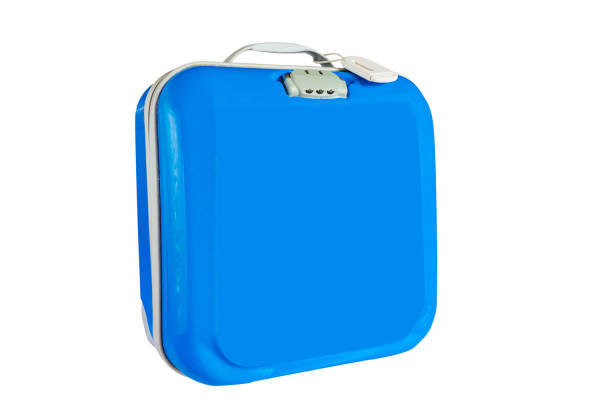 istock Blue travel plastic suitcase with wheels on white background. 1316648866