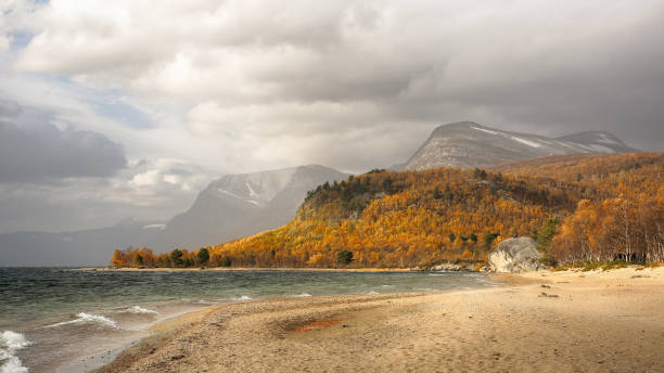 Lake Gjevilvatnet Indian summer in Norway, sandy beach at the lake Gjevilvatnet, Oppdal municipality oppdal stock pictures, royalty-free photos & images