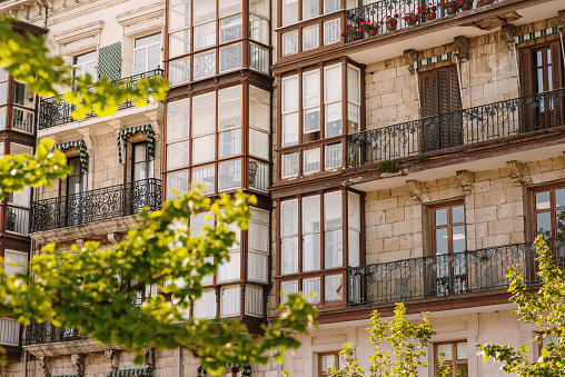 An apartment building facade with classic style in Santander, Cantabria, Spain