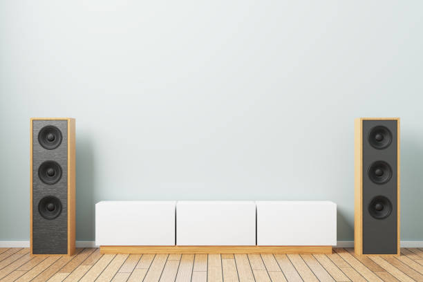 istock Music speakers with a bedside table in a minimalistic interior. 3d rendering 1316651542