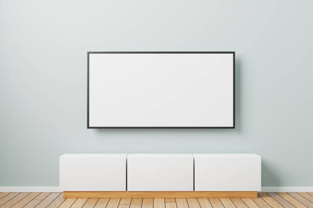 TV mockup on the wall. Minimalistic interior design with tv bedside table. 3d rendered stock photo