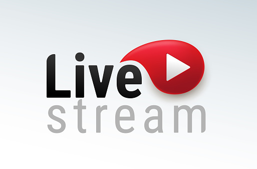 Live streaming. Logo modern calligraphy. Symbols and buttons of live streaming, broadcasting, online stream and live performances. Black and red vector illustration. Isolated on white background.