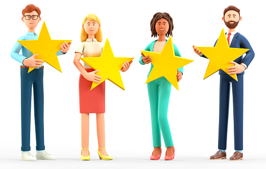 3D illustration of customer review rating concept. Multicultural people characters giving feedback with stars. Cute cartoon clients with high quality satisfaction service, positive rank and support.