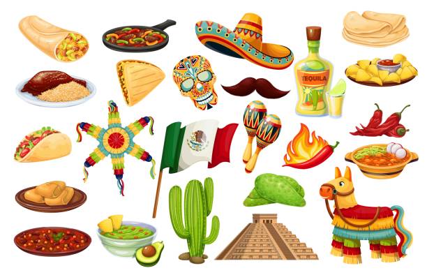 illustrazioni stock, clip art, cartoni animati e icone di tendenza di messico icone carnevale cinco de mayo - cucina messicana