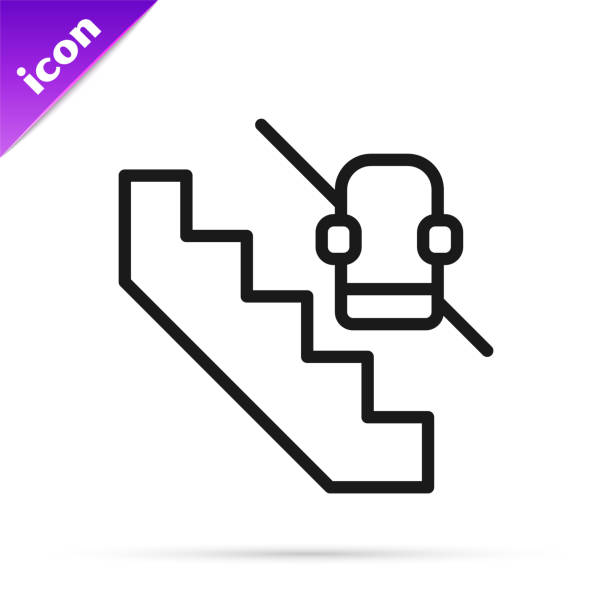 schwarze linie behindertenzugang aufzug aufzug rolltreppe symbol isoliert auf weißem hintergrund. bewegliche mechanische stuhlplattform für behinderte menschen. vektor - treppenlift stock-grafiken, -clipart, -cartoons und -symbole
