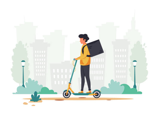 Delivery service. Courier character riding by electrical scooter. Eco transport concept. Vector illustration Vector illustration for cards, icons, postcards, banners, logotypes, posters and professional design. scooter stock illustrations