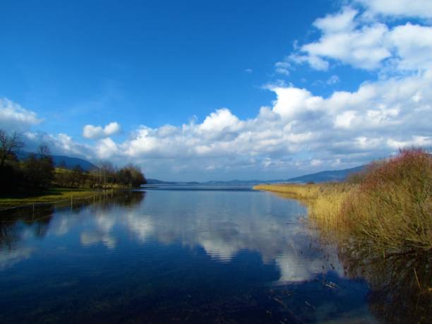 malerische aussicht auf den schönen see cerknica oder cerknisko jezero in notranjska region von slowenien mit weißen wolken in blauem himmel und eine reflexion im see - lake cerknica stock-fotos und bilder