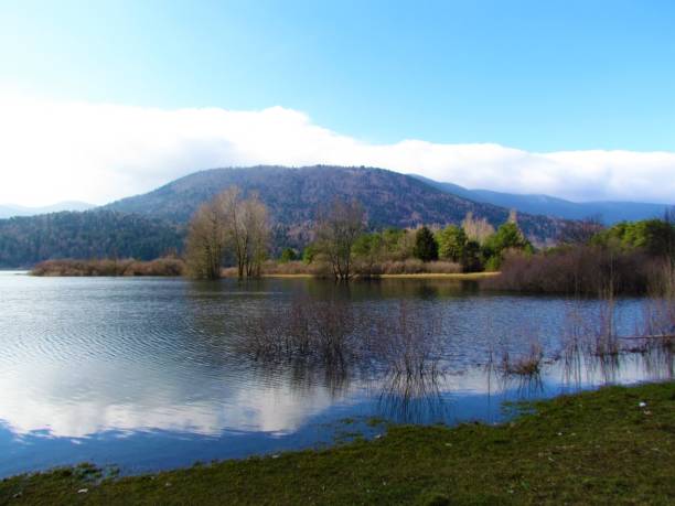 malerische aussicht auf den schönen see cerknica oder cerknisko jezero in notranjska region von slowenien mit blauem himmel - lake cerknica stock-fotos und bilder