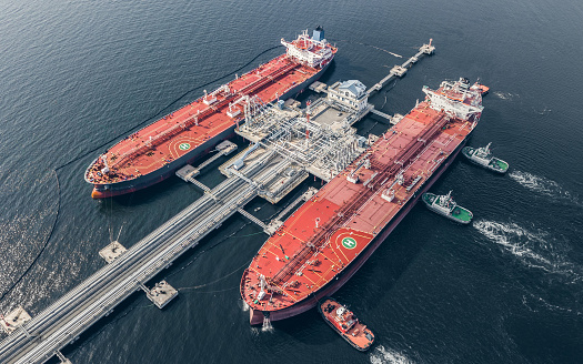 Aerial view of oil tankers loading in port