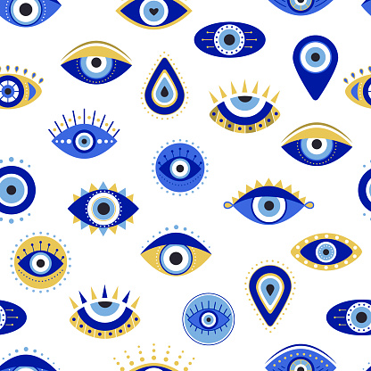 Greek evil eye seamless pattern isolated on a white background. Vector background with Turkish eye.
