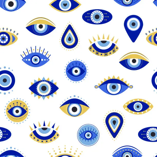 Vector illustration of Greek evil eye seamless pattern isolated on a white background.