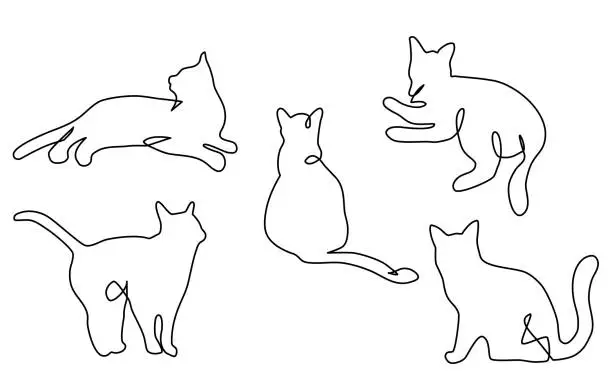 Vector illustration of Continuous one line cats.Feline in different poses.Animals sit, lay,relax.Abstract doodle shapes. Black and white sketch.Modern print.