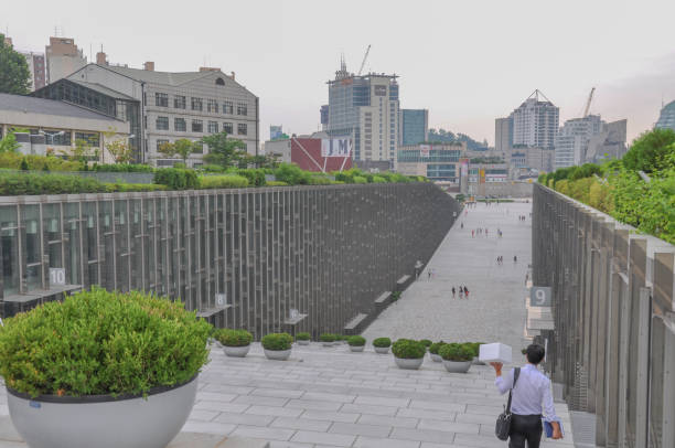 People walking on Ewha Campus Complex valley on a humid midsummer day in Seoul, South Korea.
