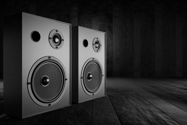 istock Musical stereo speakers on a table with a dark background. 3D rendering 1316660212